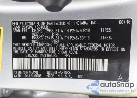 2016 Toyota Highlander Le/Le Plus из США, поврежденный, VIN 5TDZKRFH1GS169695